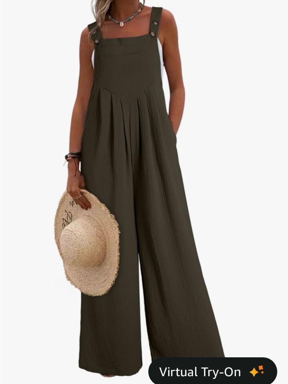 Wide-Leg Button-Strap Jumpsuit in Dark Olive